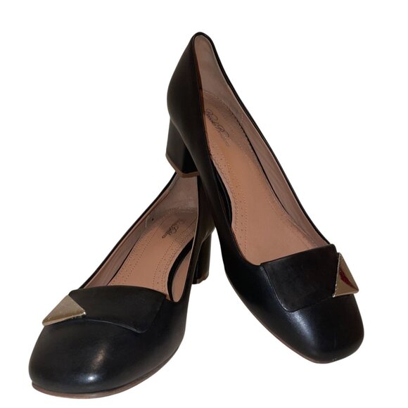 Brooks‎ Brothers Women's Black Leather Block Heels Square Toe Metal Accent Sz 7 - Picture 1 of 12